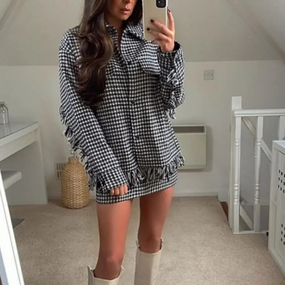 Zara Houndstooth Fringed Overshirt Barn Jacket Oversized Tweed Shacket 4391/737 - Picture 3 of 15